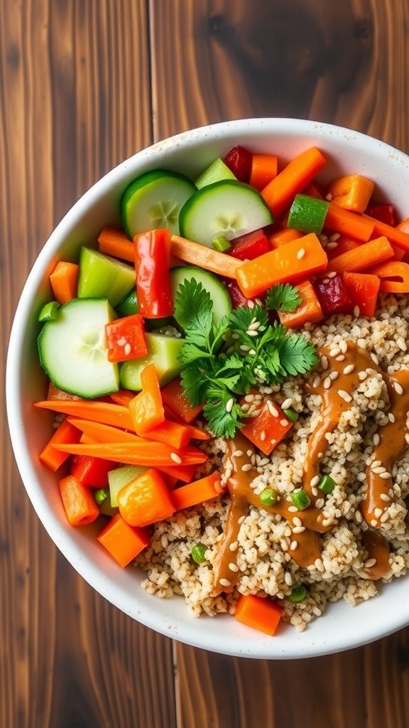 A colorful quinoa nourish bowl with bell peppers, carrots, cucumbers, topped with Asian dressing and garnished with sesame seeds.